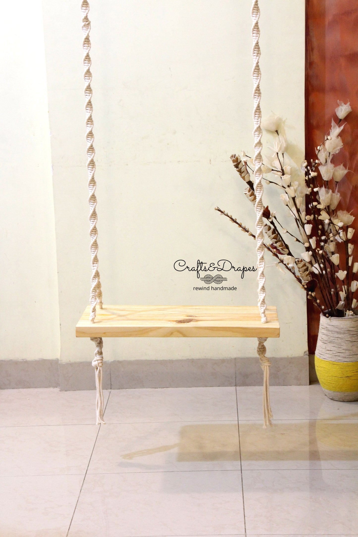 Boho Macrame Swing Chair | Wooden Seat